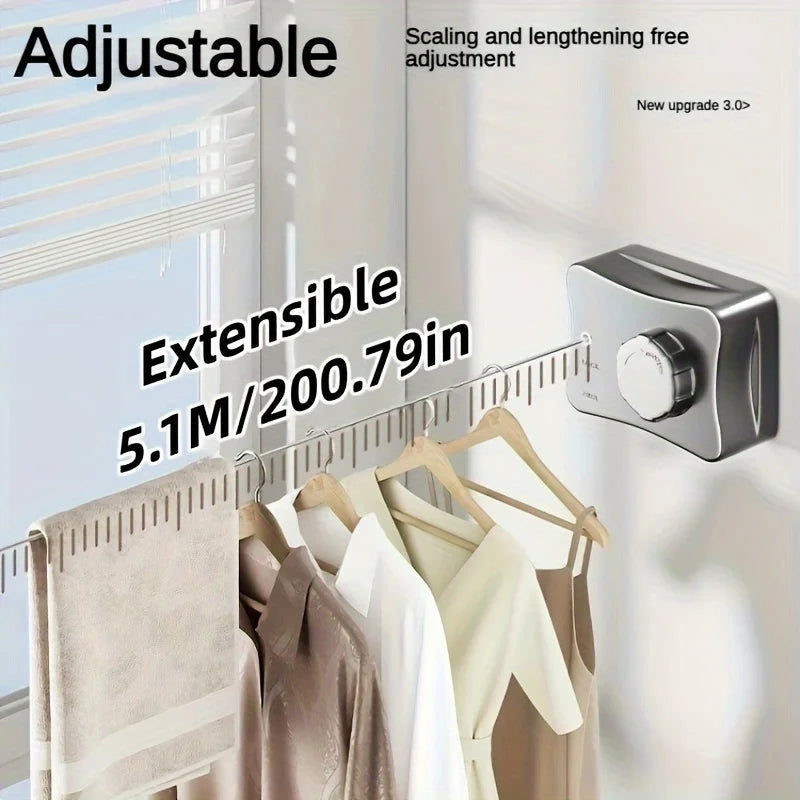 304Stainless Steel Clothesline, 5.1 Meters Retractable Laundry Rope Indoor Invisible Drying Rope Towel Quilt Clothes Drying Line