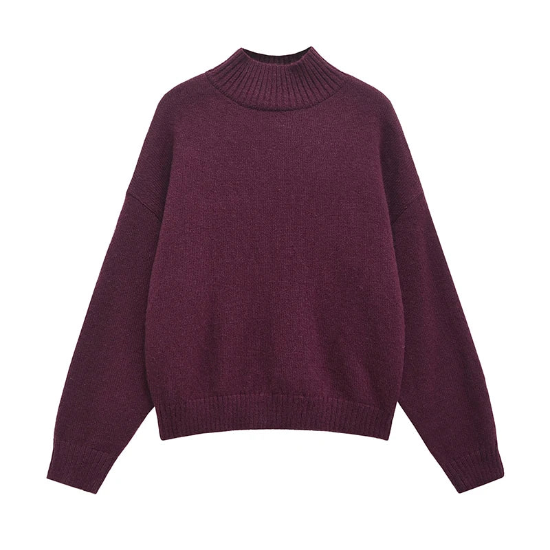 YENKYE Women Burgundy Basic Knit Soft Sweater Vintage Oversize Turtleneck Long Sleeve Autumn Winter Casual Pullover