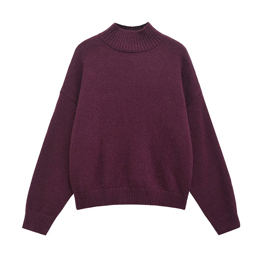 YENKYE Women Burgundy Basic Knit Soft Sweater Vintage Oversize Turtleneck Long Sleeve Autumn Winter Casual Pullover