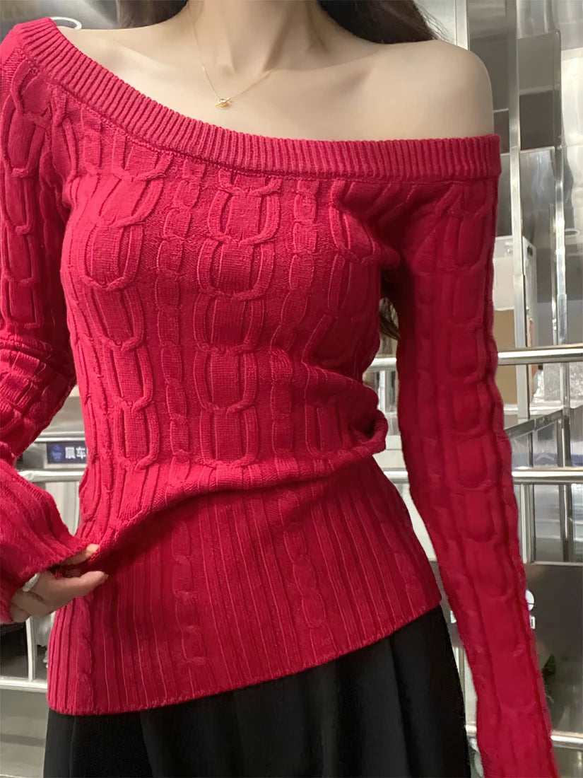 Casual Off shoulder Rib Knit Sweater Pull Women Long sleeve Top Basic Tees White Slim Pullovers Lady Sexy One Shoulder New