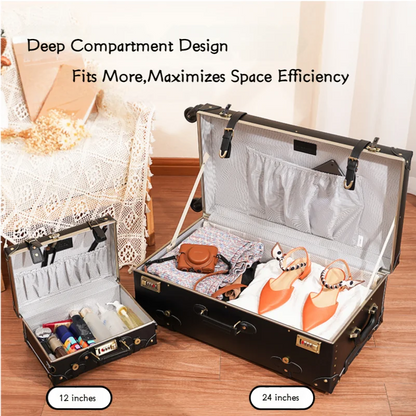 Vintage Suitcase set 2 piece , Women's Vintage Luggage set, Travel suitcase with boarding tote, handmade faux leather aluminum