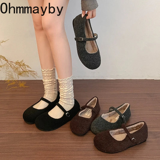 Autumn Winter Vintage Women Fur Ballet Flats Comfort Round Toe Soft Sole Shoes Outdoor Warm Short Plush Mary Jane Shoes