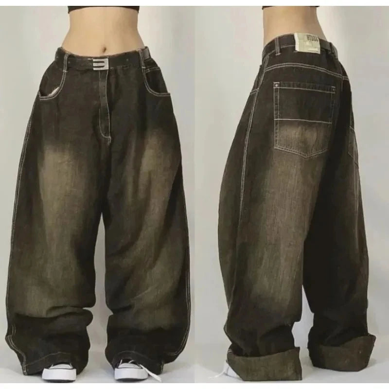 American Fashion New Black Old Washed Holes Baggy Jeans Ladies Y2K Vintage Punk Fashion Casual Joker High Waist Wide Leg Pants
