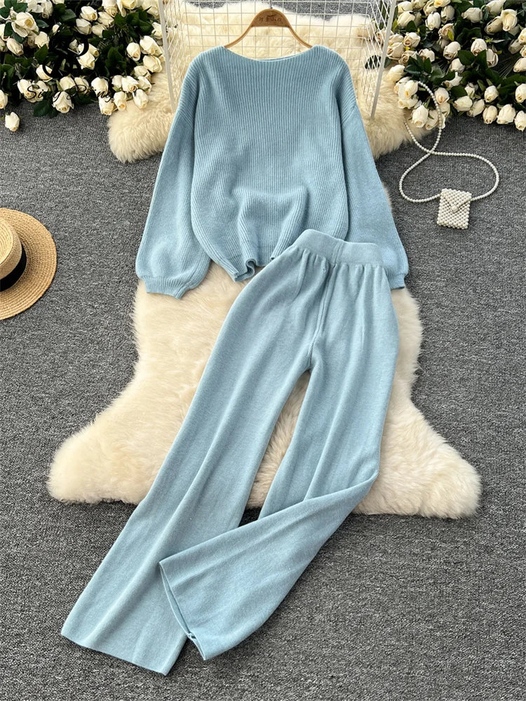 SINGREINY 2025 Winter Thick Women Suits Loose Sweater Tops+High Waist Wide Legs Long Pants Autumn Solid Causal Warm 2 Piece Sets