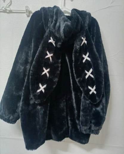 2025 Winter Clothing Women's Jackets Harajuku Rabbit Ears Punk Black Coats Thicked Furry Zipper Oversized Y2k Tops Ropa Mujer