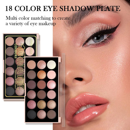 18-Color Eyeshadow Palette – Pearlescent, Matte, Fine Shimmer, Glitter, Earth Tones, Long-Lasting, High-Performance