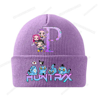 Kpop Demon Hunters Letter A-Z Knitted Hat Cartoon Music Girl Beanies Cap Kids Winter Warm Bonnet Cartoon Toddler Skullies Beanie