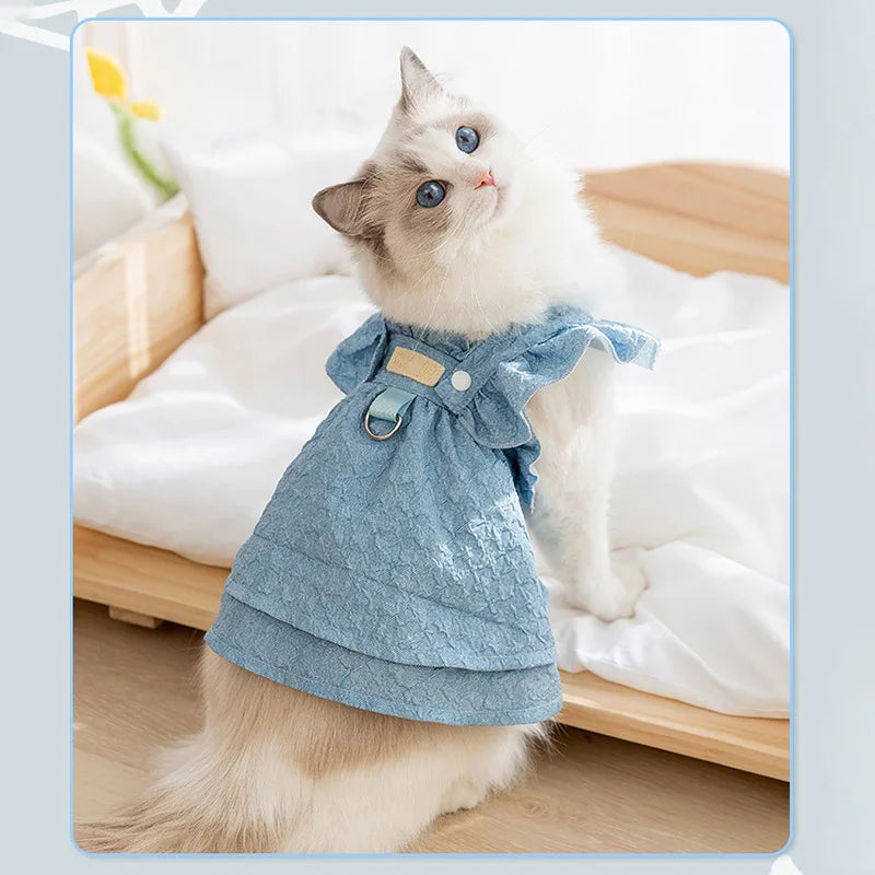 Denim Dog Dress with Leash Ring and Bow Knot – Summer Apparel for Small Dogs and Cats