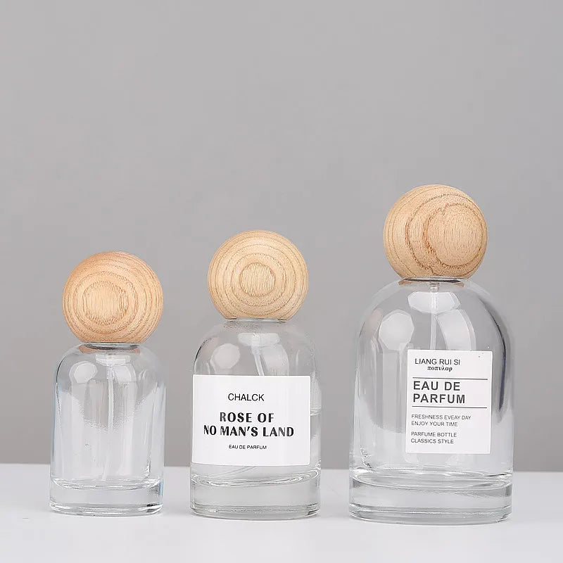 High-grade 30/50/100ml Empty Clear/ Frosted Glass Perfume Bottle Screw Wood Lid Spray Bottle Toner Atomizer Cosmetic Bottles