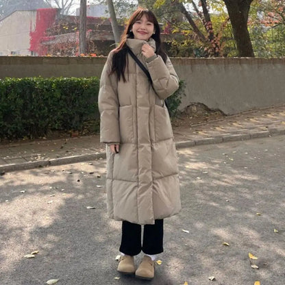 Winter Down Coat Thickened Padded Stand Collar Knee Length Pockets Cotton Jacket Zipper Closure Windproof Women Down Coat Parkas
