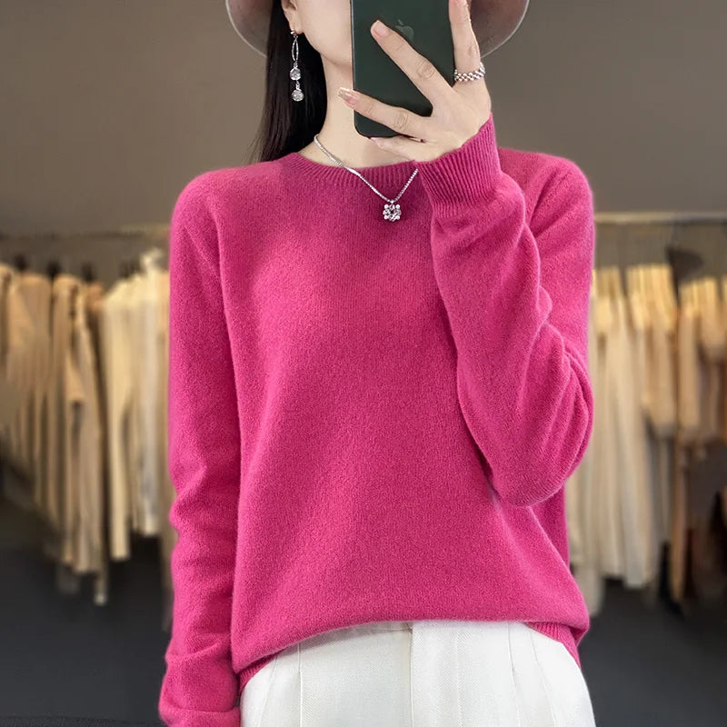 100% Pure Wool Cashmere Sweater Women's O-Neck Pullover Knitted Casual Sweater Winter New Long-Sleeved Warm High-Grade Jumper