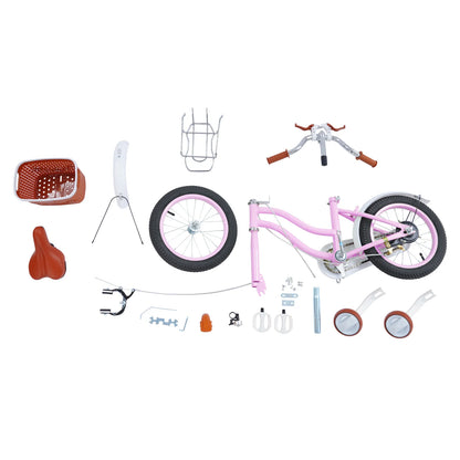 14 Inch Children's Bicycle Carbon Steel Kids Bike with Auxiliary Wheels & Basket & Manual Bell, Bearing 60kg, Height Adjustable