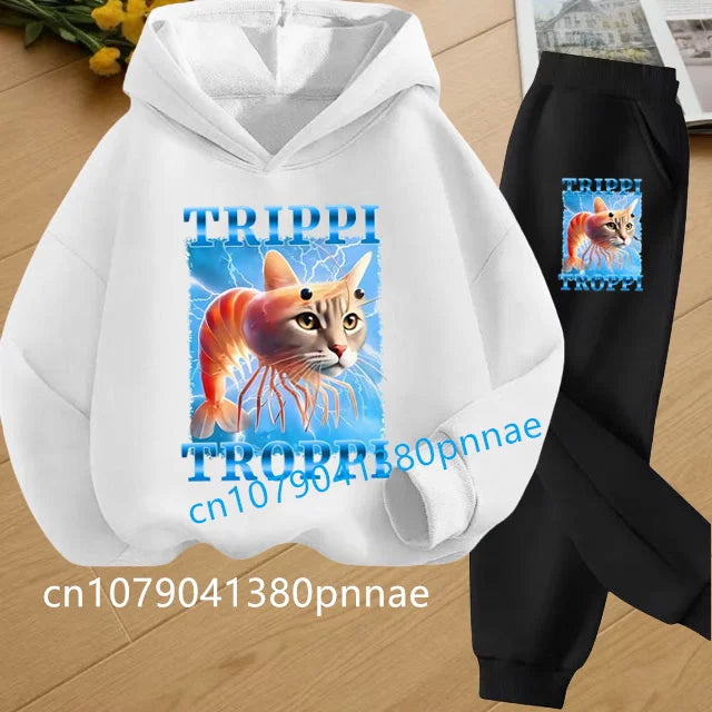 Tralalero Tralala Tung Tung Tung Funny Italian Brainrot Kids Clothes Boys Hoodie+Pants 2pcs Set Girls Tracksuit Children Outfits