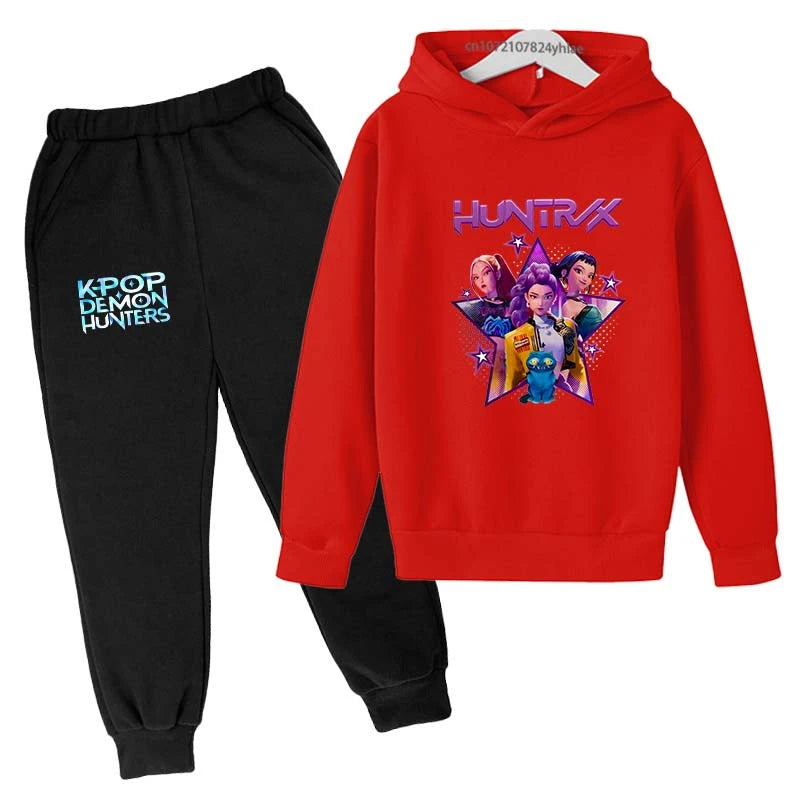 Kpop Demon Hunters Hot Cartoon Print Kids Autumn Spring Casual 2pcs Hoodie+Pants Tracksuits 2-13 Years Boys Girls Clothes Sets