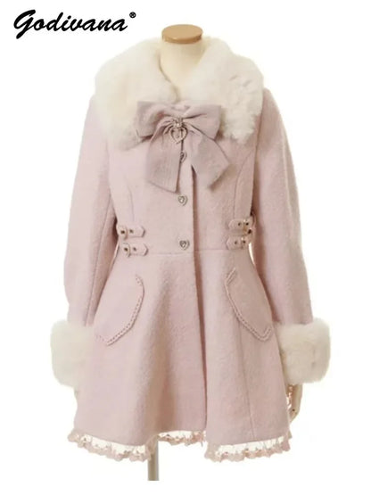 Winter New Japanese Sweet Bow Slim Medium Long Woolen Coat Faux Fur Collar Lolita Girl Women's Pink White Wool Jacket Overcoat