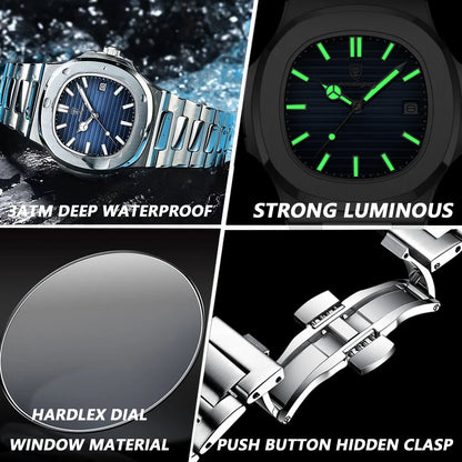 POEDAGAR Men's Luxury Quartz Wristwatch Waterproof Luminous Stainless Steel