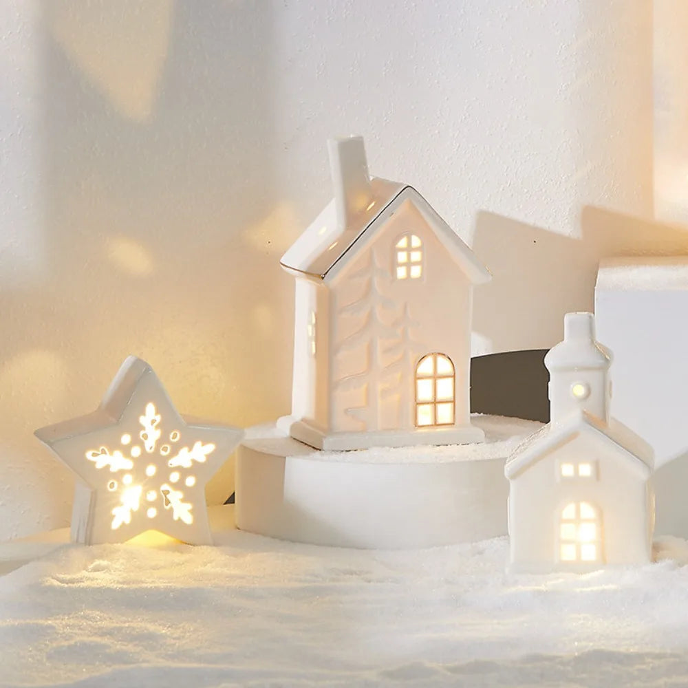 Glowing Ceramic Christmas Light Decorations LED Christmas Tree Luminous Hut Desktop Home Ornaments Scene Props Xmas Gifts