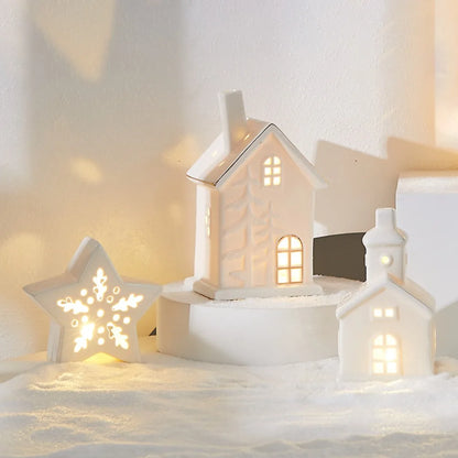 Glowing Ceramic Christmas Light Decorations LED Christmas Tree Luminous Hut Desktop Home Ornaments Scene Props Xmas Gifts
