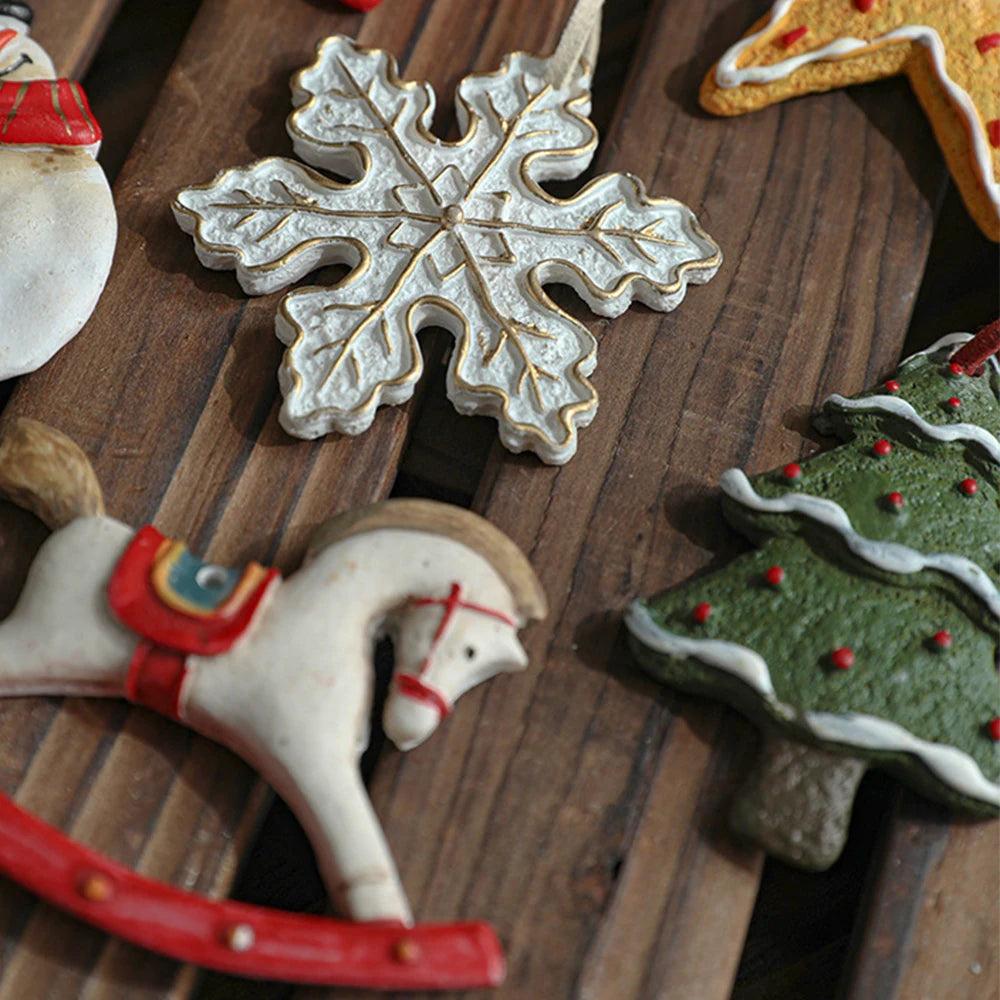 Christmas Resin Pendant Retro Painted Santa Claus Snowmen Horse Xmas Tree Hang Toys Ornaments New Year Decor Kid Gift