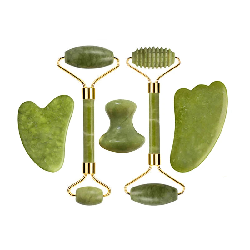Natural Jade Roller Gua Sha Set – Facial & Body Massage Anti-Aging Lifting Spa Tools