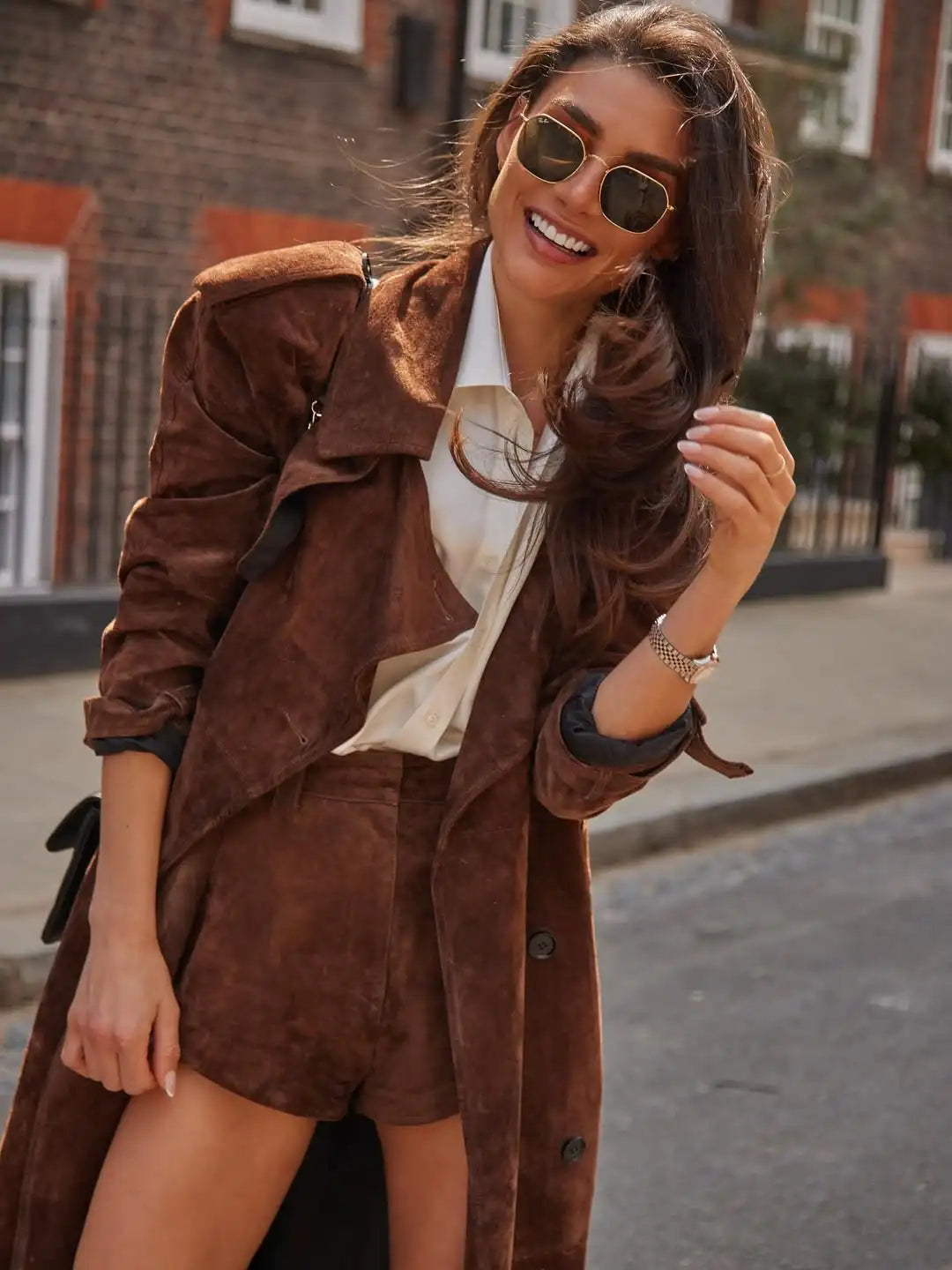 Brown Long Suede Overcoat Women Fashion Solid Chic Lapel Single Breasted Loose Outerwear Lady Autumn Daily Highstreet Jacket