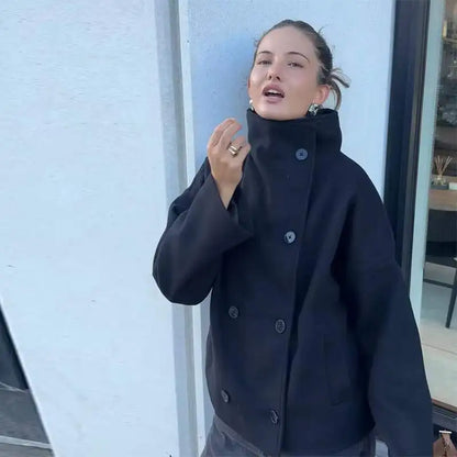 Urban Black Woolen Blend Coats Women Stand Collar Single-breasted Long Sleeve Thick Warm Jacket 2025 Autumn Winter Lady Outwear