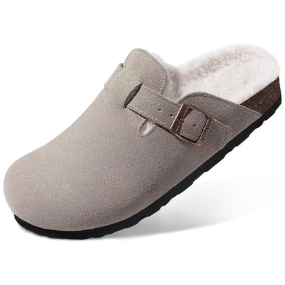 Shevalues Winter Women's Mules With Adjustable Buckle Leisure Cork Insole Comfortable Clogs Slippers Cow Suede Non-slip Sandals