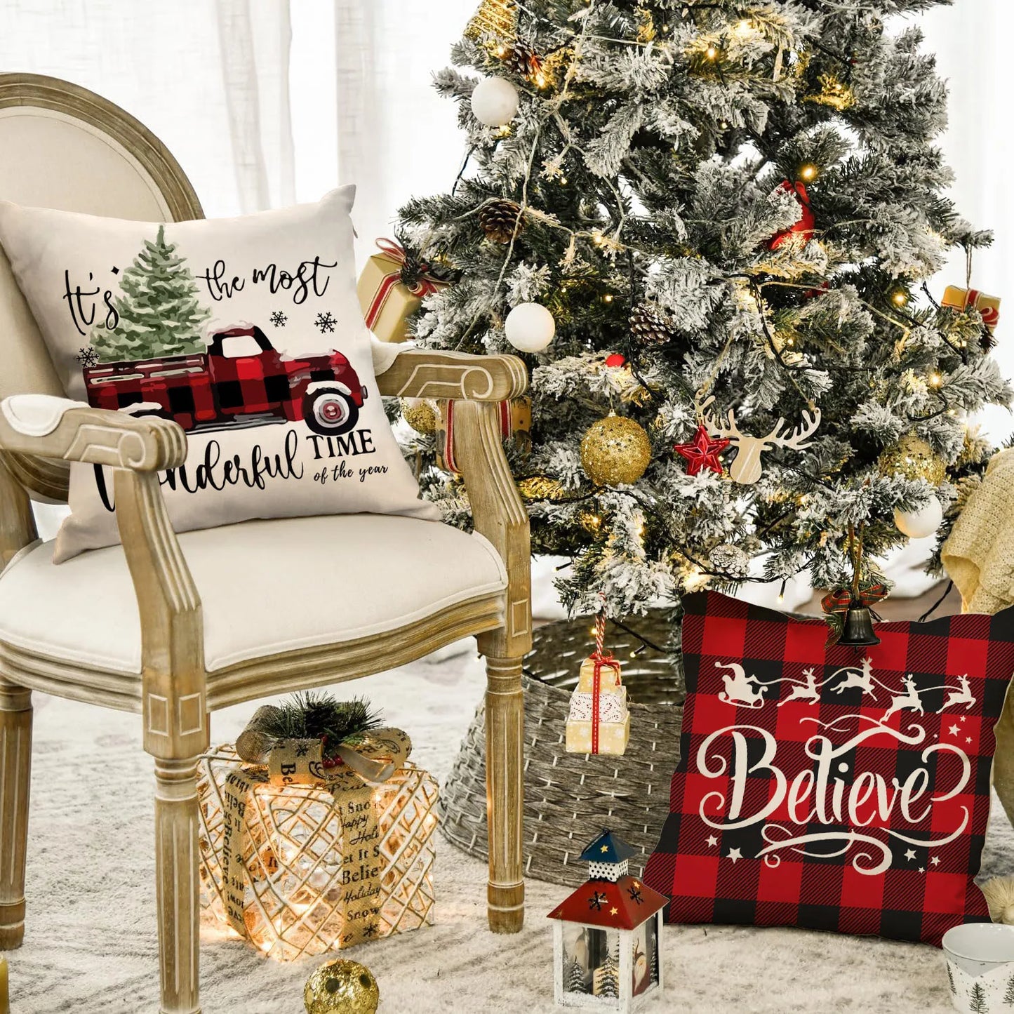 1pc/4pcs Christmas Pillow Cover, Black and Red Buffalo Plaid Celebration Christmas Tree Snowflake Decoration Sofa Cushion Cover