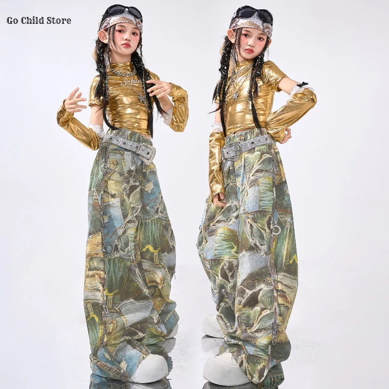 Girls Hip Hop Shiny Golden Crop Top Patchwork Jeans Pants Kids Streetwear Child Jazz Girl Group Costumes K-pop Retro Clothes Set