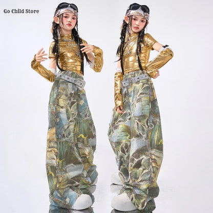 Girls Hip Hop Shiny Golden Crop Top Patchwork Jeans Pants Kids Streetwear Child Jazz Girl Group Costumes K-pop Retro Clothes Set