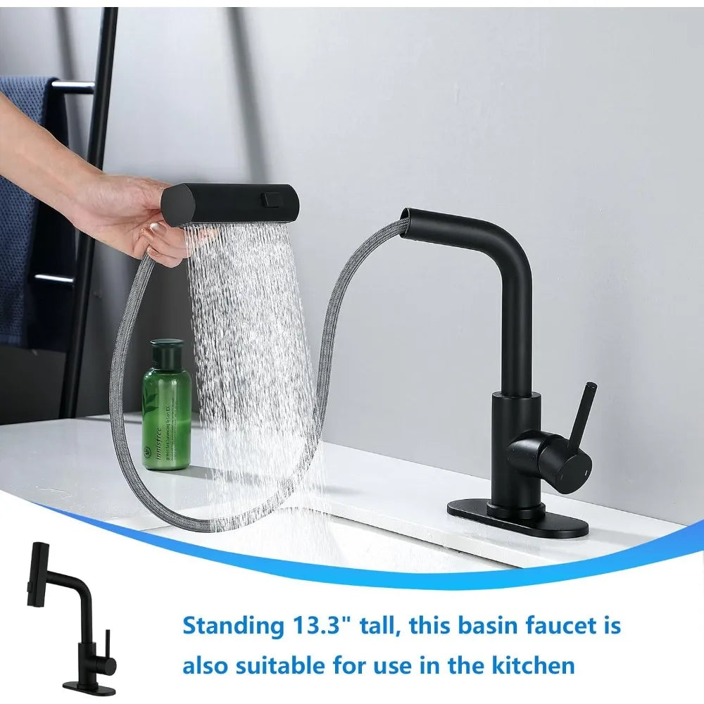 Modern Single Handle Pull Down Sprayer Bathroom Faucet with 3 Modes and Pop-Up Drain, Deck-Mounted Sink Mixer for Contemporary S