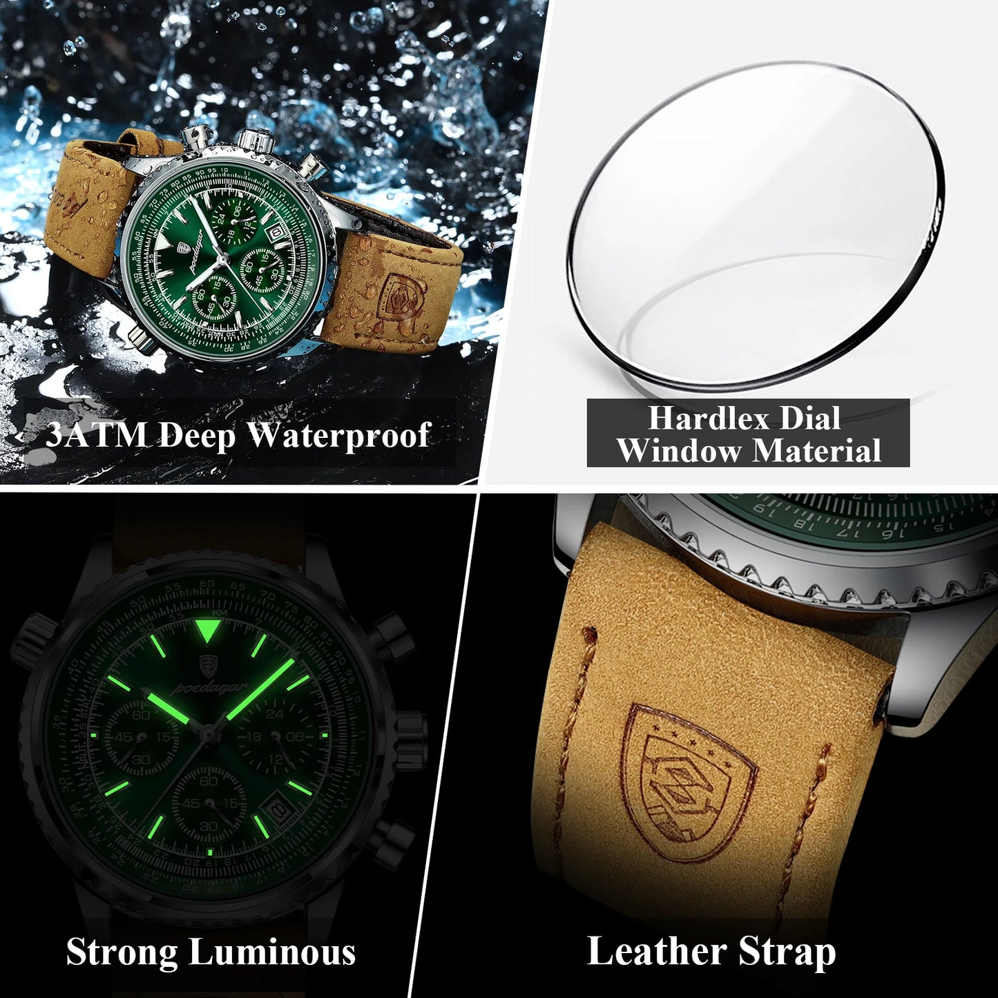 POEDAGAR Men's Luxury Business Watch Waterproof Luminous Leather Quartz