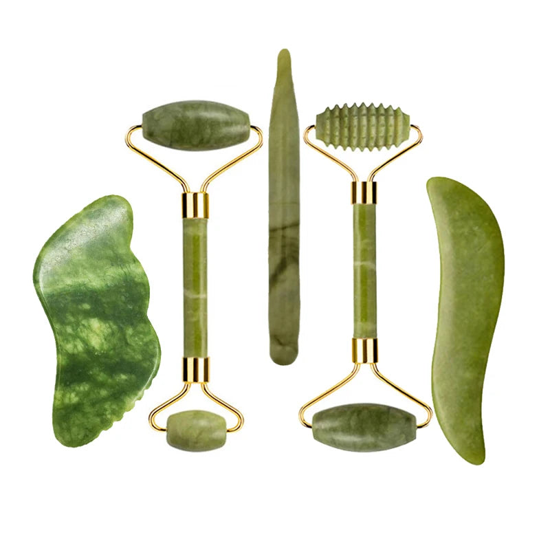 Natural Jade Roller Gua Sha Set – Facial & Body Massage Anti-Aging Lifting Spa Tools