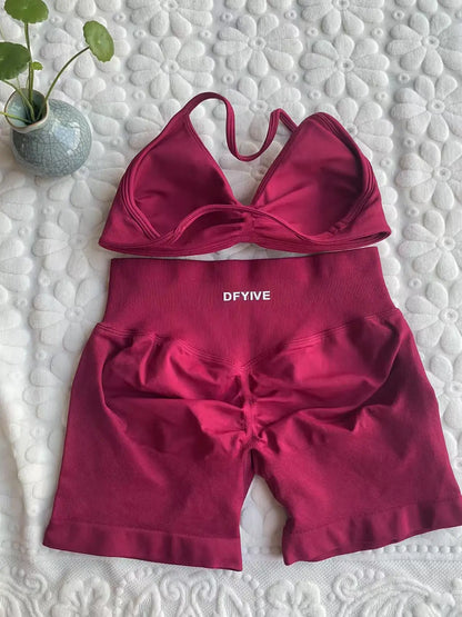 DFYIVE Yoga Gym Set 2 Piece Women Strappy Yoga Bra Top Workout Scrunch Shorts Sports Suit Fitness Clothes Seamless Yoga Set