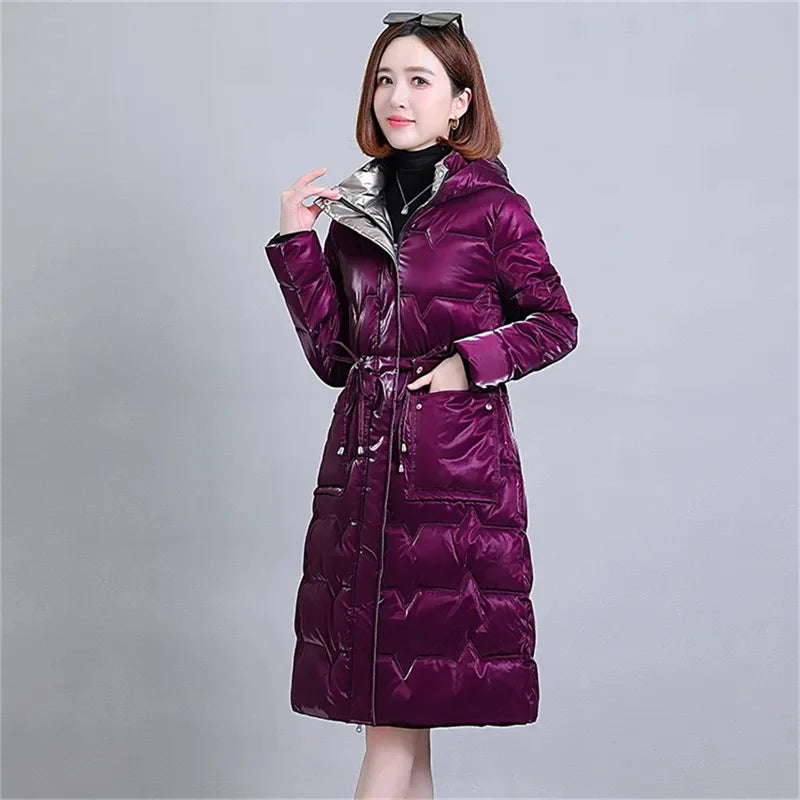 Thick Women's Windproof Long Mother's Down Cotton Coat Women's 2023 Winter Fashion Warm Slim Waist Wrapped Parka Hooded Lace-Up