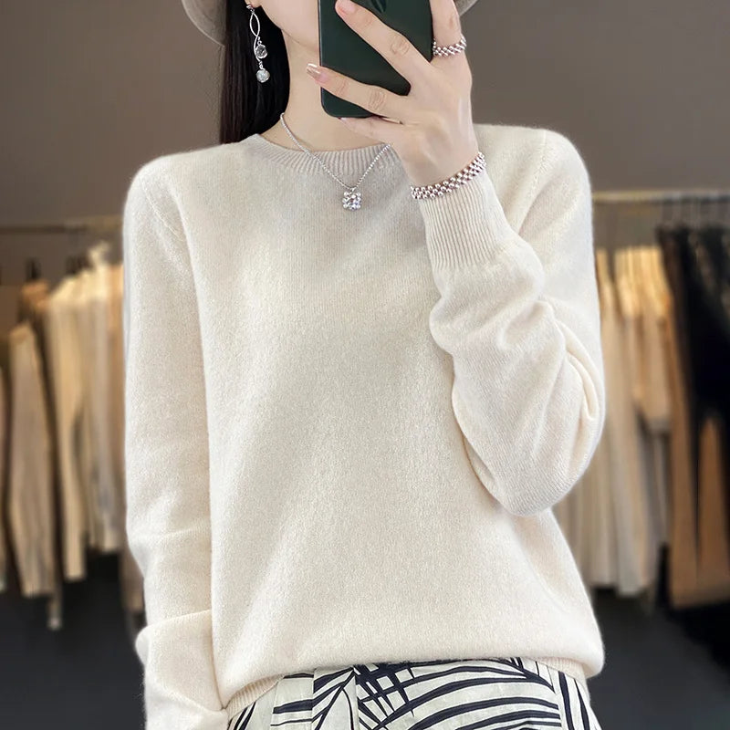 100% Pure Wool Cashmere Sweater Women's O-Neck Pullover Knitted Casual Sweater Winter New Long-Sleeved Warm High-Grade Jumper