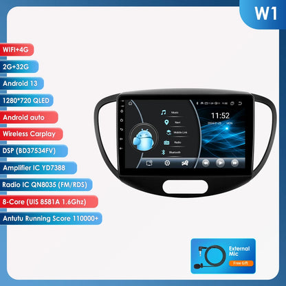 Hizpo 2Din 9inch Android13 Car Radio for Hyundai i10 2007- 2013 BT 4G Auto CarPlay Navi GPS RDS DSP UI7862 Intelligent System