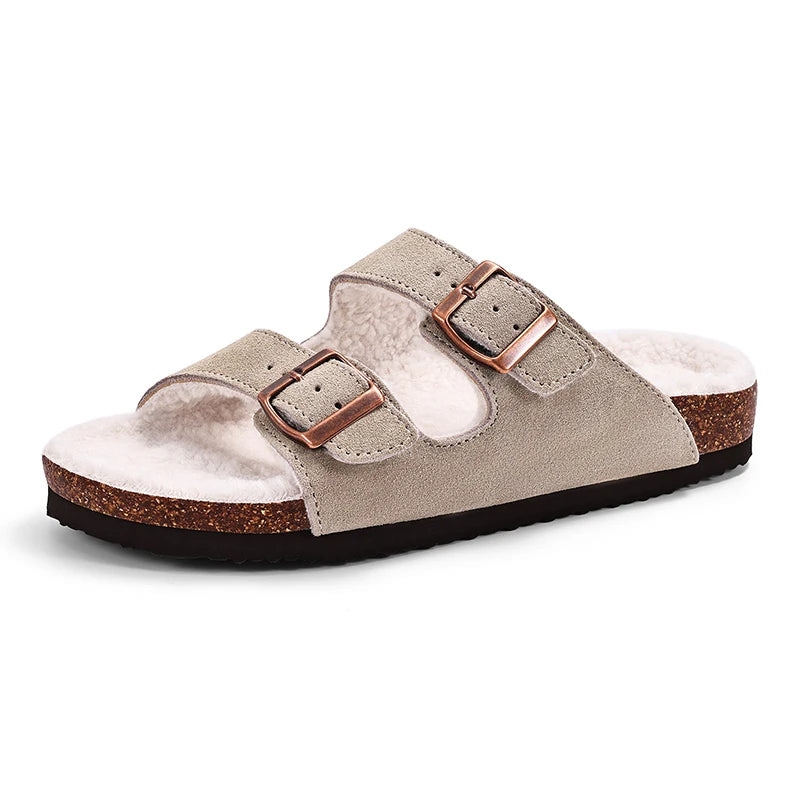 Shevalues Winter Women's Mules With Adjustable Buckle Leisure Cork Insole Comfortable Clogs Slippers Cow Suede Non-slip Sandals