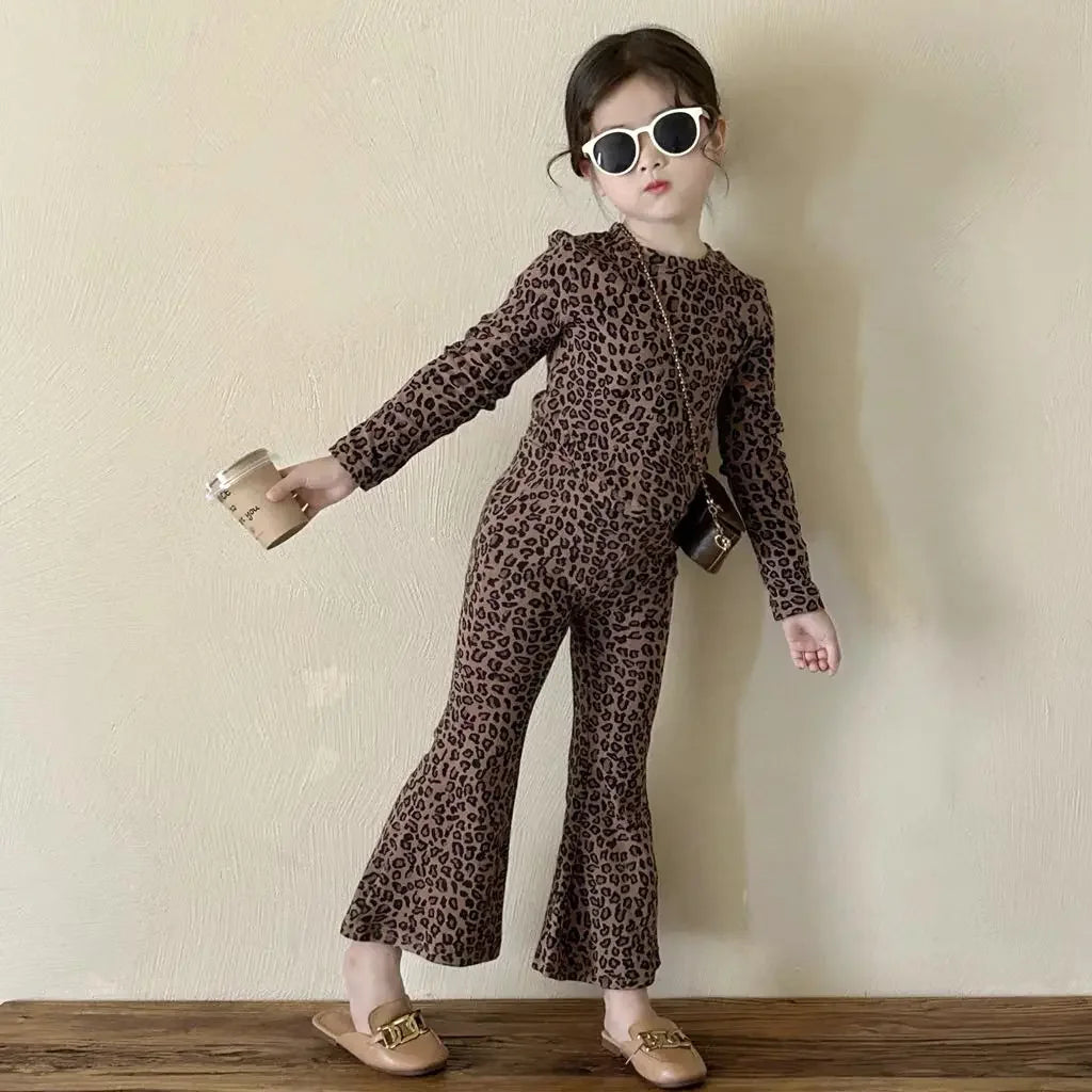 Children's Sets Girls' Leopard Print Two-Piece Set - Long Sleeve Top & Matching Pants Girl Clothes Kids Clothes