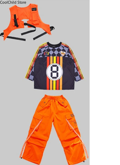 Hip Hop Children Cool Numbers Sweatshirt Vest Street Dance Cargo Pants Girls K-pop Jazz Costume Boys Clothes Set Kids Streetwear