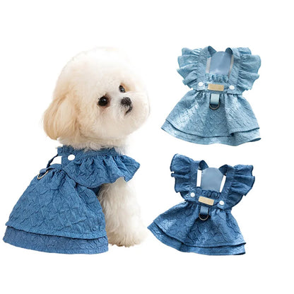 Denim Dog Dress with Leash Ring and Bow Knot – Summer Apparel for Small Dogs and Cats