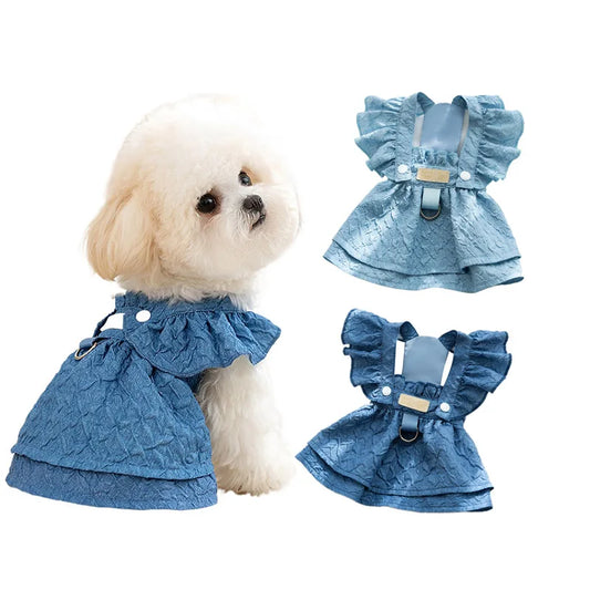 Denim Dog Dress with Leash Ring and Bow Knot – Summer Apparel for Small Dogs and Cats
