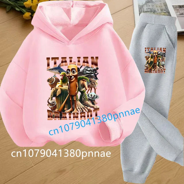 Tralalero Tralala Tung Tung Tung Funny Italian Brainrot Kids Clothes Boys Hoodie+Pants 2pcs Set Girls Tracksuit Children Outfits