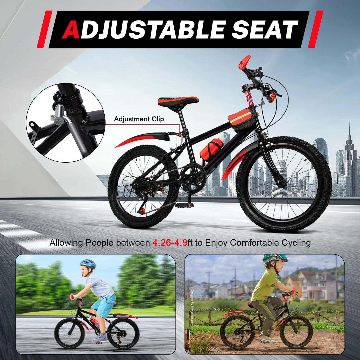 20" Red Mountain Bike for Kids, Adjustable Seat, Multi-speed Gear System, Front and Rear Brakes, Water Cup Holder