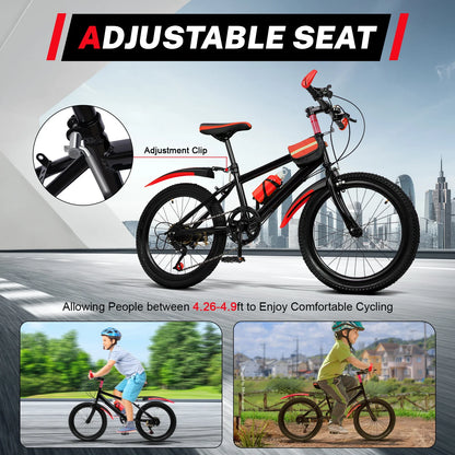 20" Red Mountain Bike for Kids, Adjustable Seat, Multi-speed Gear System, Front and Rear Brakes, Water Cup Holder