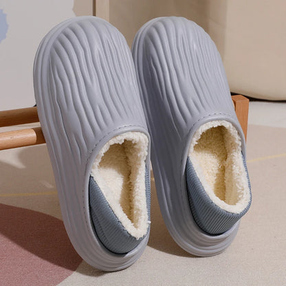 New EVA Short Plush Waterproof couples Slippers Winter  Warm striped  women Cotton Shoes Soft Thick Comfort Home floors Slides