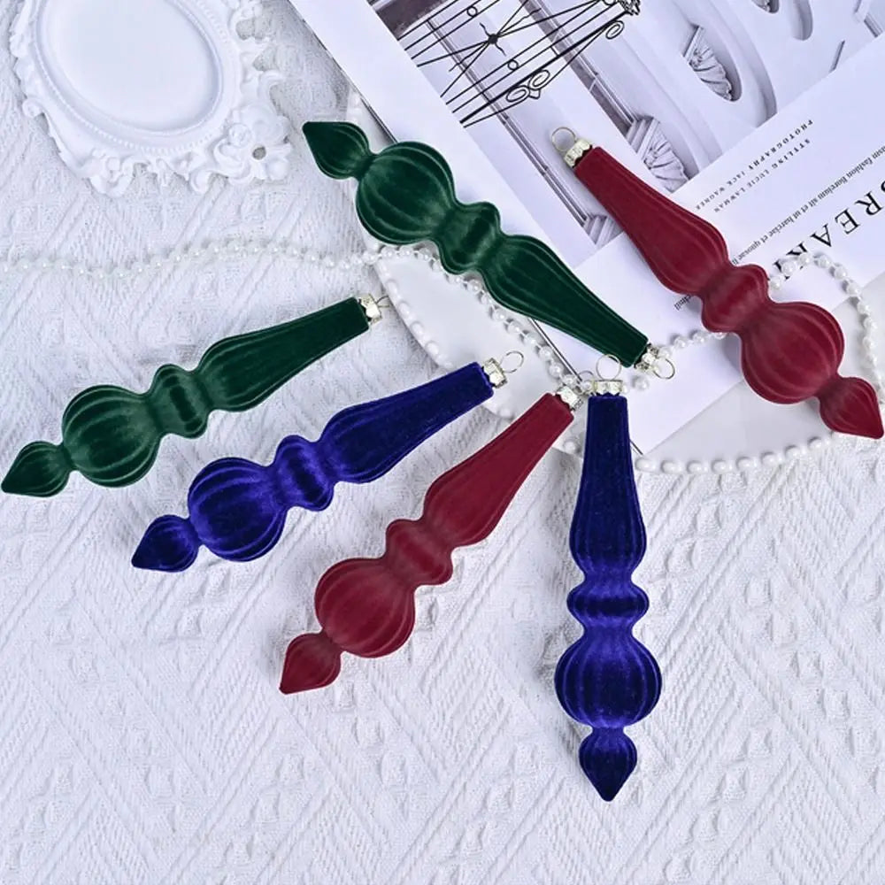 6pcs Flocked Velvet Christmas Gourd Pendant Plastic Shatterproof Christmas Cone Ball Set Reusable Xmas Tree Hanging Ornaments