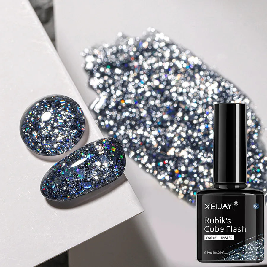 Esmalte em gel com glitter de 6 cores e 8 ml, prata, ouro rosa, lantejoulas coloridas, verniz em gel semipermanente, arte em unhas em gel UV, laca a laser