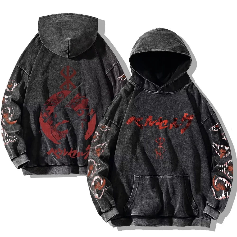 Mens Berserk Hoodies Gothic Print Vintage Washed Hoodie Hip Hop Streetwear Cotton Sweatshirts Harajuku Casual Hooded Pullover