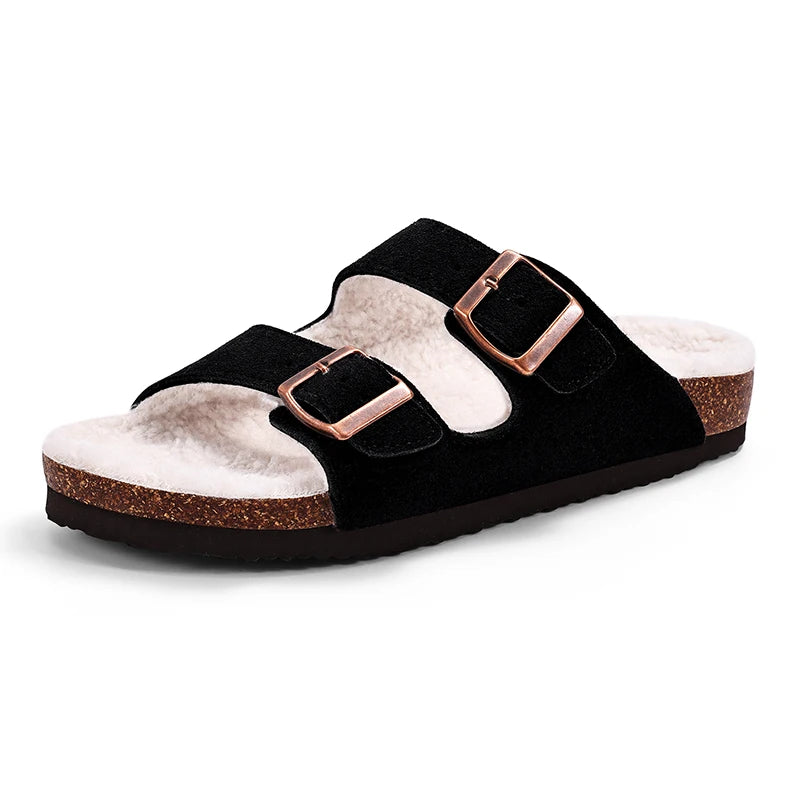 Shevalues Winter Women's Mules With Adjustable Buckle Leisure Cork Insole Comfortable Clogs Slippers Cow Suede Non-slip Sandals